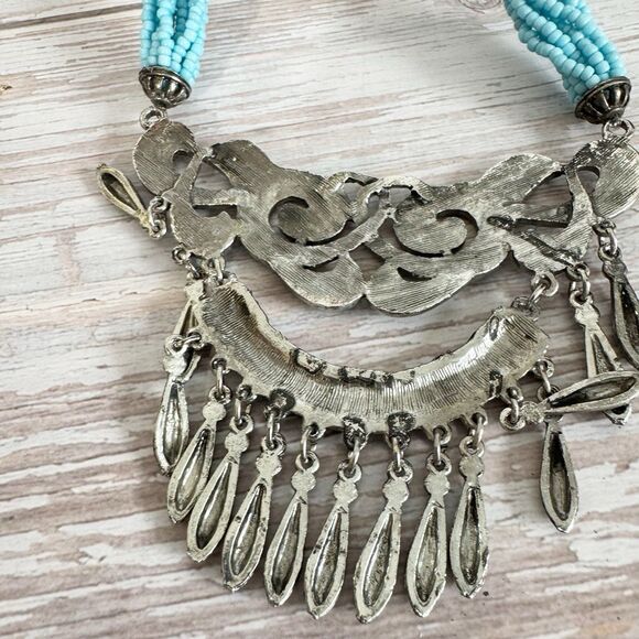 Chunky Boho Southwest Necklace Turquoise Seed Beads Faux Coral Large Pendant - Picture 10 of 10